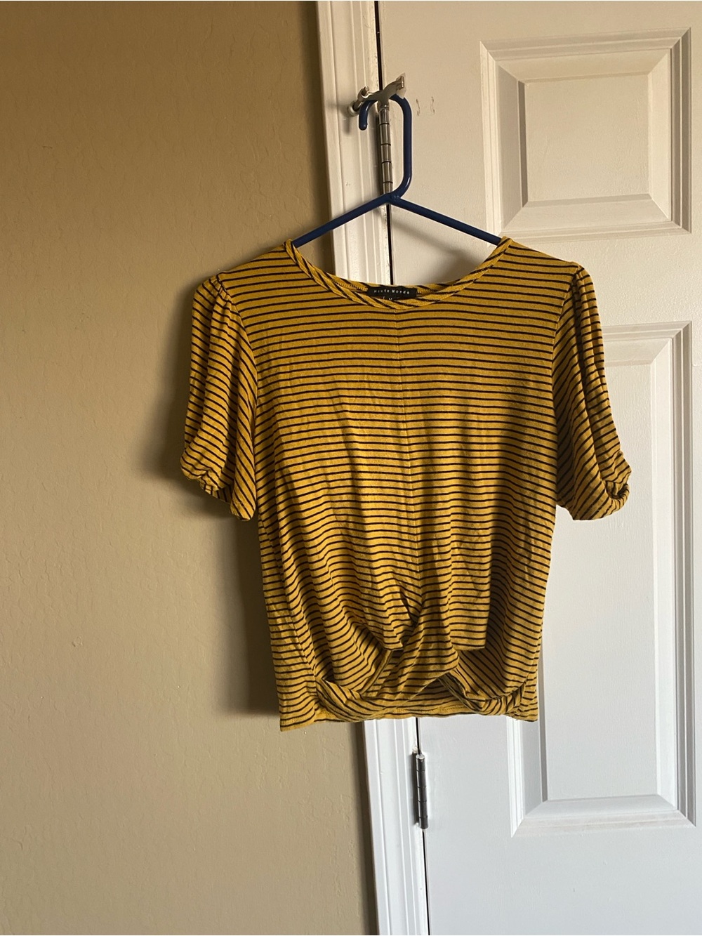 Haute Monde Yellow and Black Striped Knot-Front Short Sleeve Tee